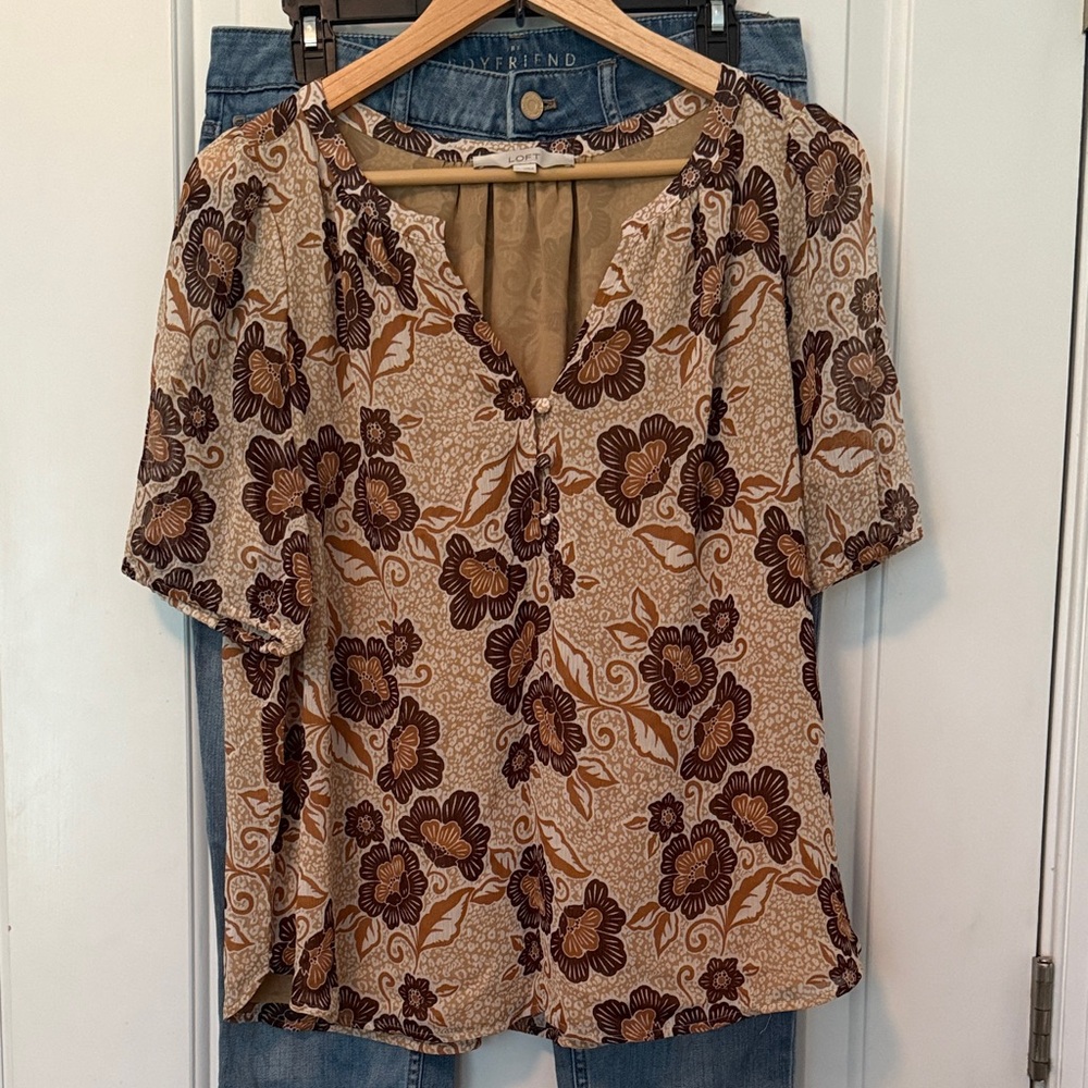 LOFT Floral Blouse in Brown and Tan